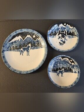 Vintage Set Of 'Folk Craft Wolf' By Tienshan, Set of 3 Preowned Good Stoneware